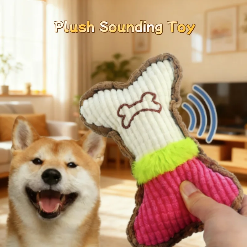 Teeth Cleaning Dog Chew Bone - 小型犬から中型犬まで、噛むのが好きな犬に最適な、音が出るぬいぐるみ製の犬用おもちゃ（骨型）。歯のケアにもなり、楽しく遊べるペット用アクセサリー。