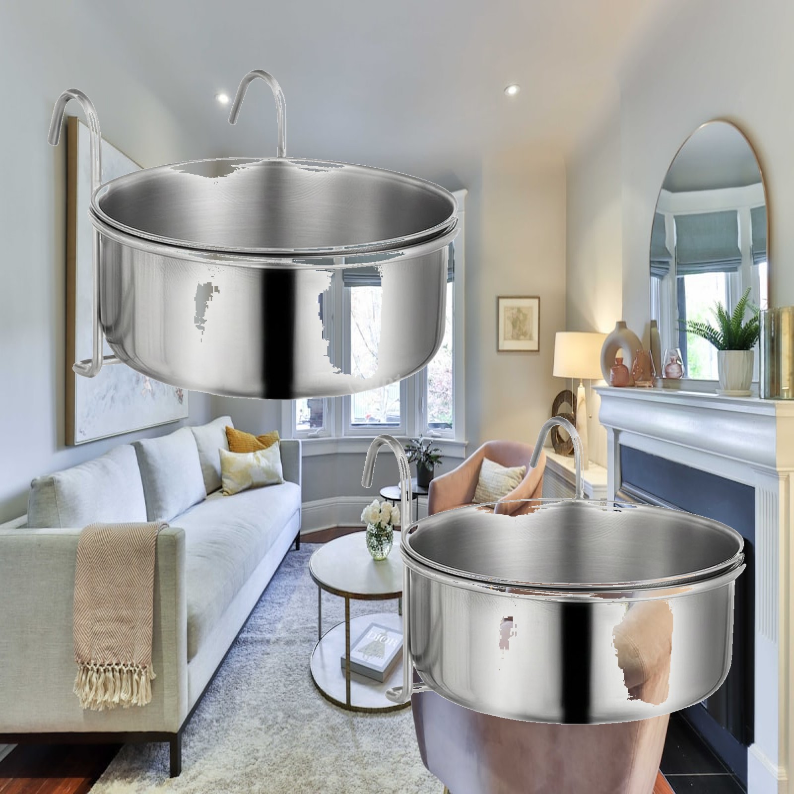 Pet Feeders - ペット用の工業用ボウル2点セット。ステンレス製で、フック付きのブラケットが付いており、ケージに吊り下げて使用できる。水や餌を入れるのに適している。